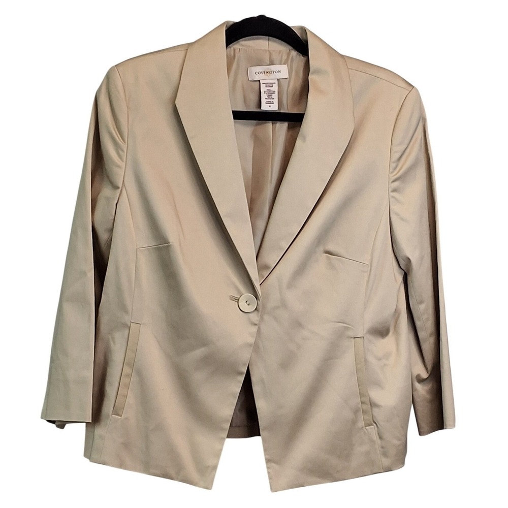 Covington Womens Champagne Beige Sateen Single Button 3/4 Sleeve Blazer Size 10